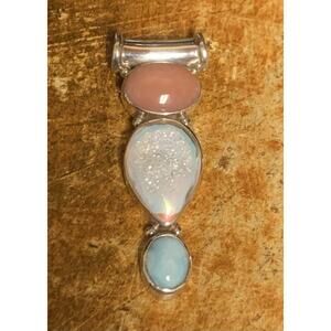 Sajen Pendant Blue Larimar, Druzy Quartz and Pink Stones 2 Inches Long